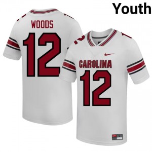 White Cutter Woods #12 Fighting Gamecocks Jersey | Youth High School Football Moisture Wicking Stitched 92654611